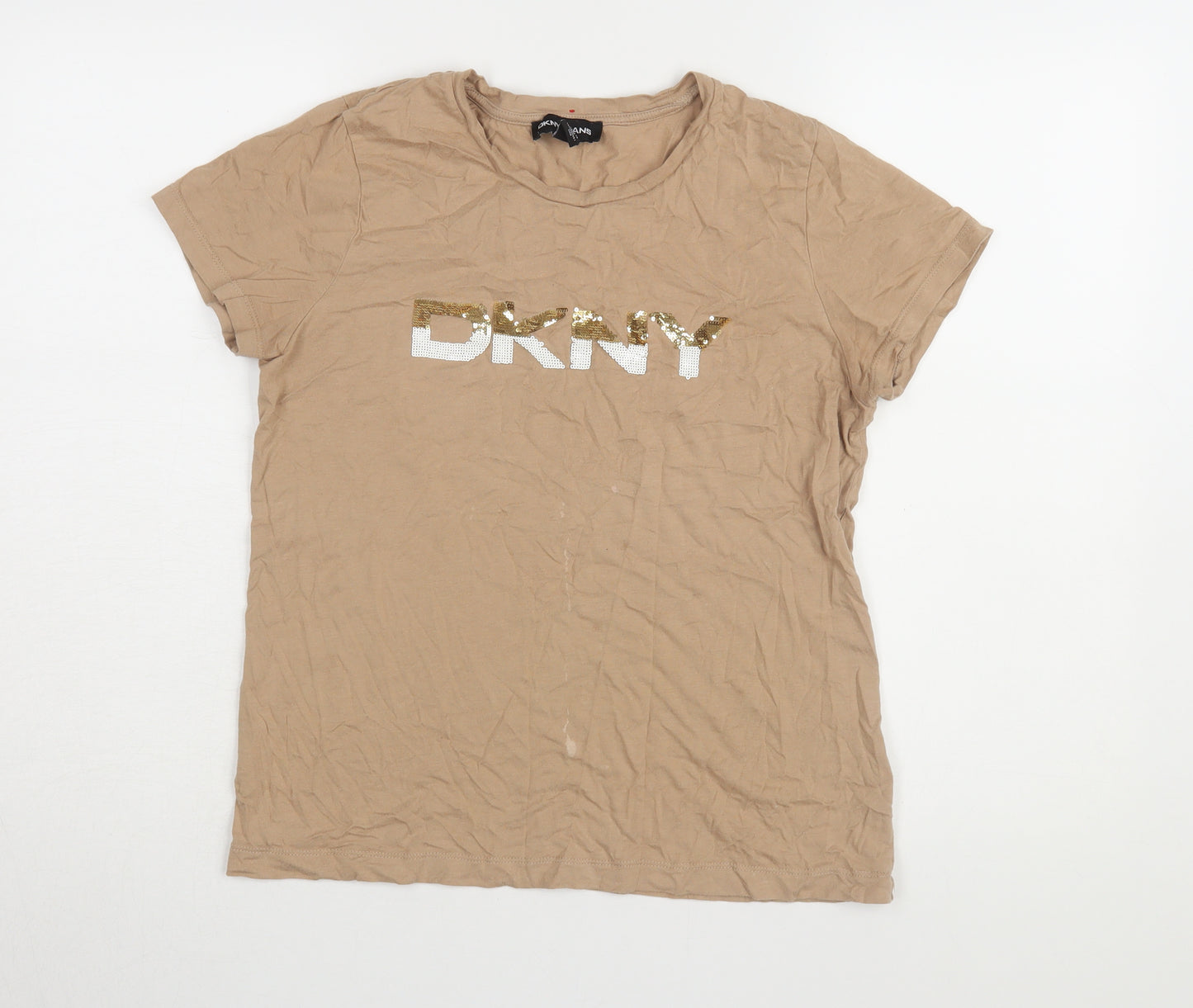 DKNY Women's Beige Cotton Modal T-Shirt M Sequin