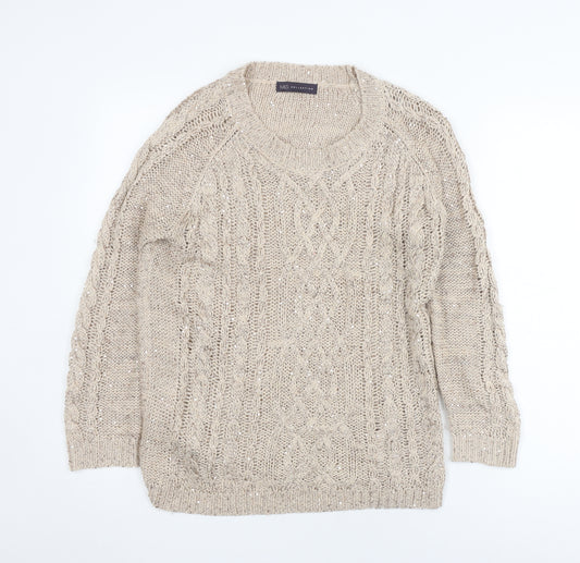 Marks & Spencer Beige Wool Blend Cable-Knit Jumper, Size 14