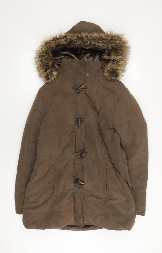 BHS Women's Brown Parka Coat Size 16 with Fur Trim