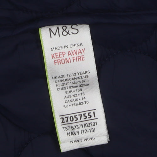 Marks and Spencer Girls Blue Puffer Jacket 12-13 Years
