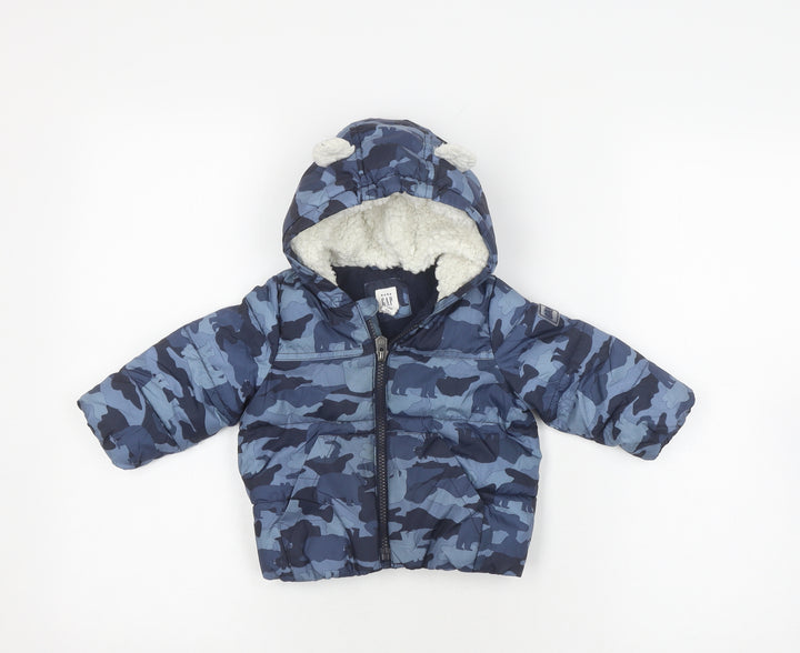 Gap Unisex Blue Camouflage Puffer Jacket 6-9 Months Winter