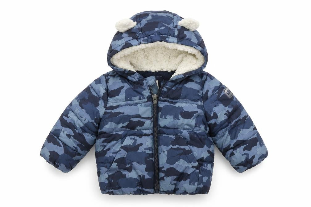 Front view of Gap unisex blue camouflage puffer jacket 6-9 months winter
