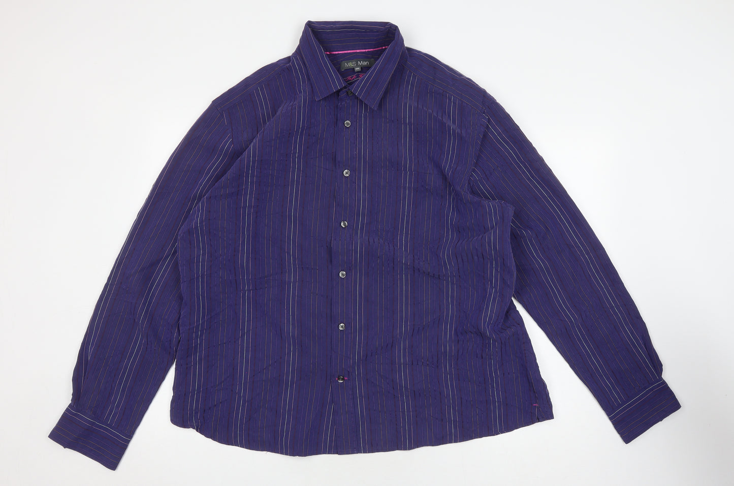 Marks and Spencer Men's Purple Striped Button-Up Shirt 2XL