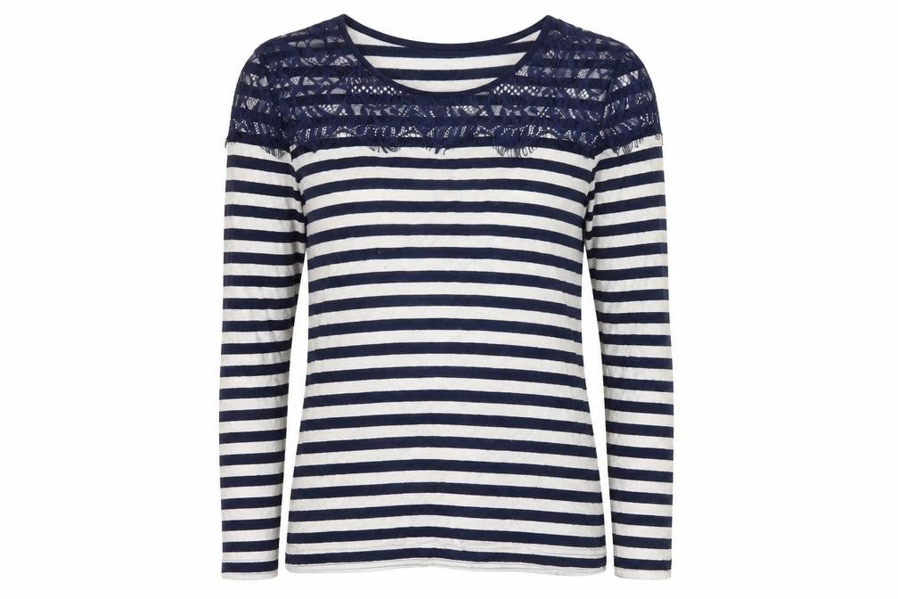 Oasis Women’s Blue Striped Long Sleeve Lace T-Shirt