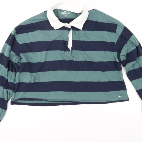Hollister Boys Green Striped Long Sleeve Polo Shirt M