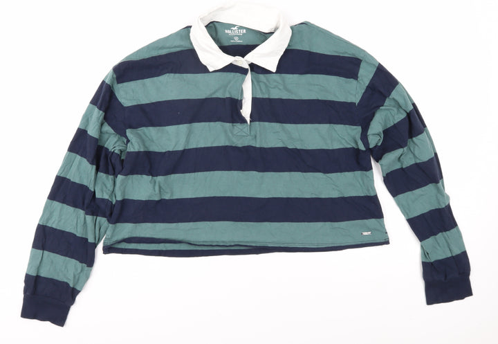 Hollister Boys Green Striped Long Sleeve Polo Shirt M