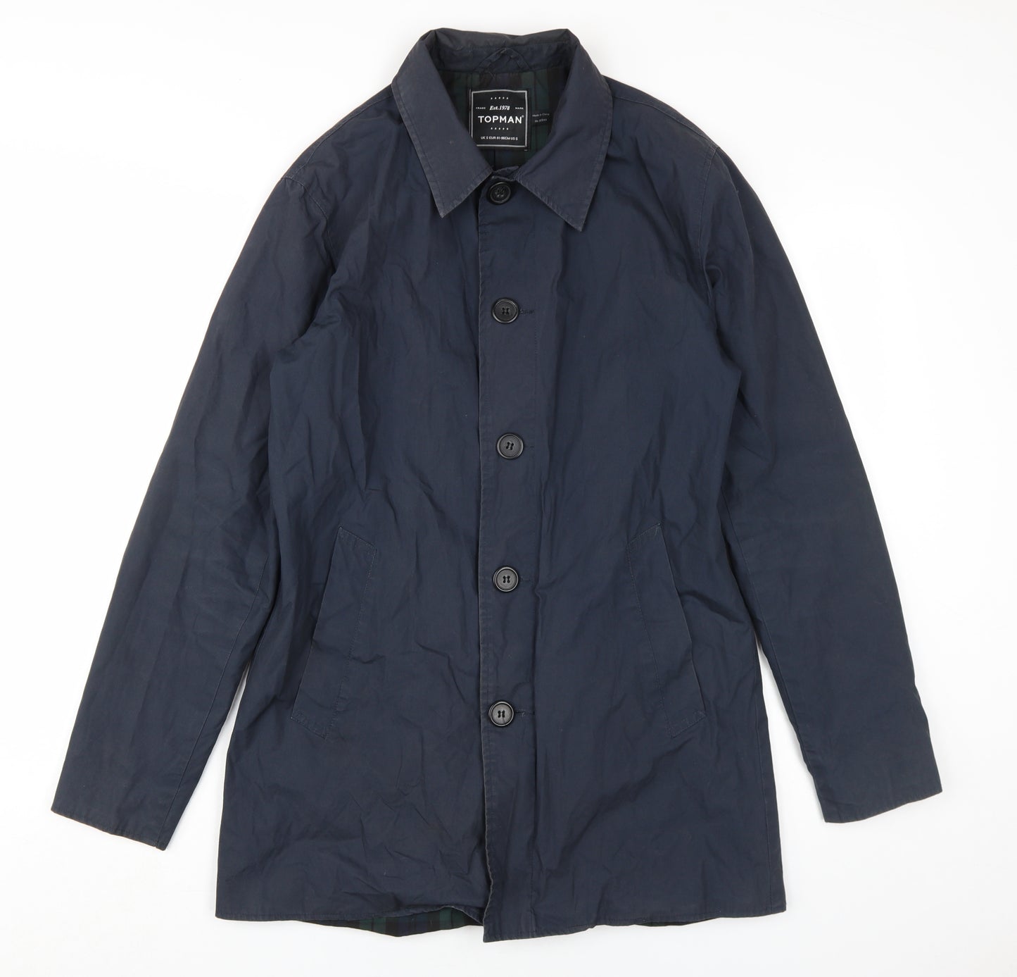 Topman Men's Blue Overcoat, Size S, Cotton, Buttoned