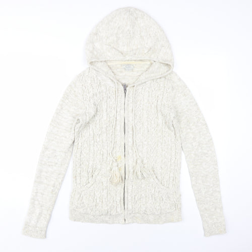 Fat Face Ivory Cable-Knit Hooded Cardigan, Size 8