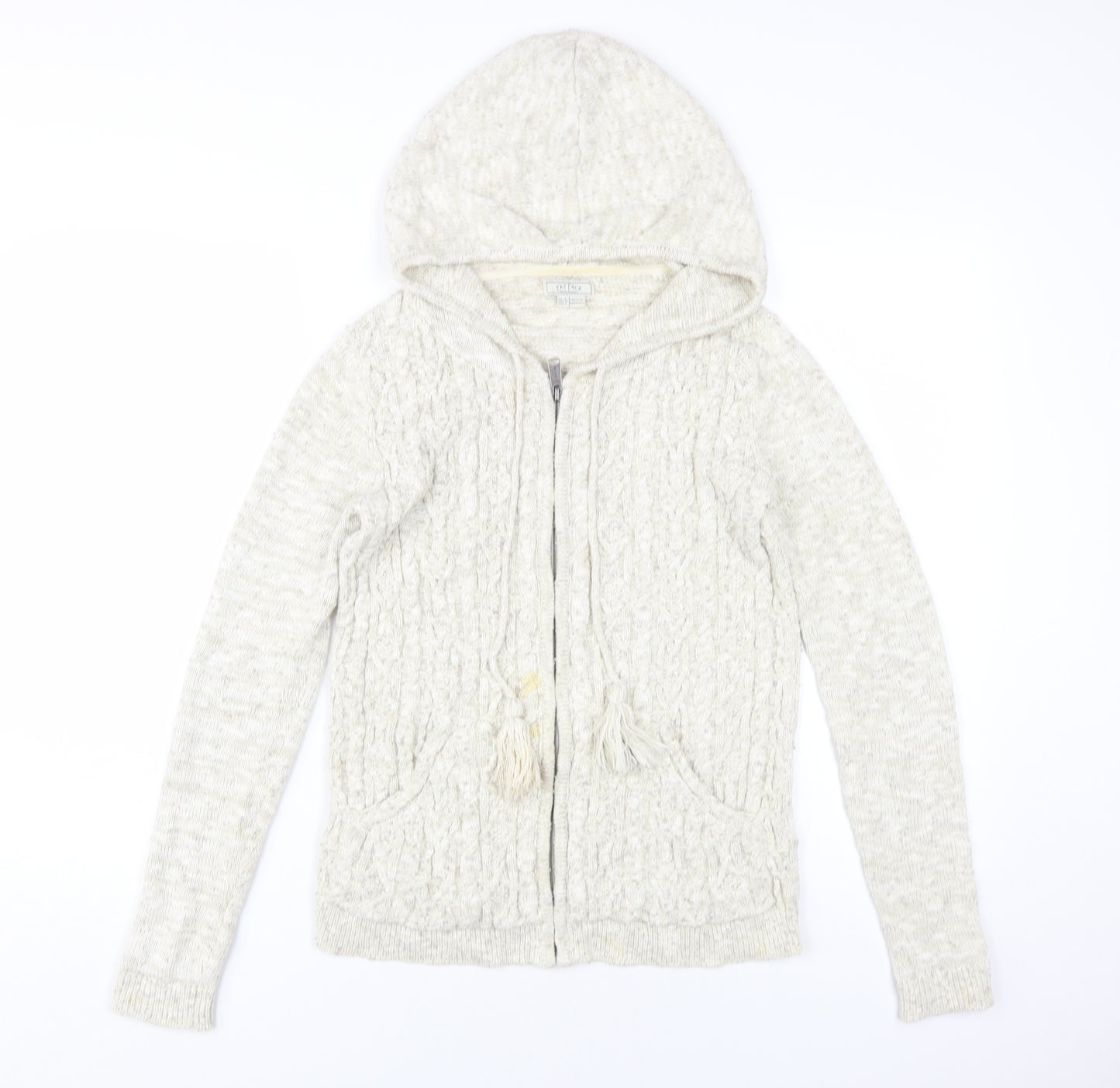 Fat Face Ivory Cable-Knit Hooded Cardigan, Size 8