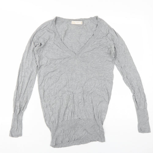 Zara Unisex Grey V-Neck Silk Cotton Pullover Jumper L