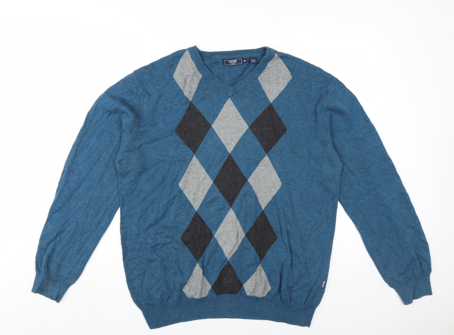 Maine New England Men's Blue Argyle Pullover Jumper M