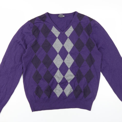 H&M Men's Purple Argyle V-Neck Pullover Jumper