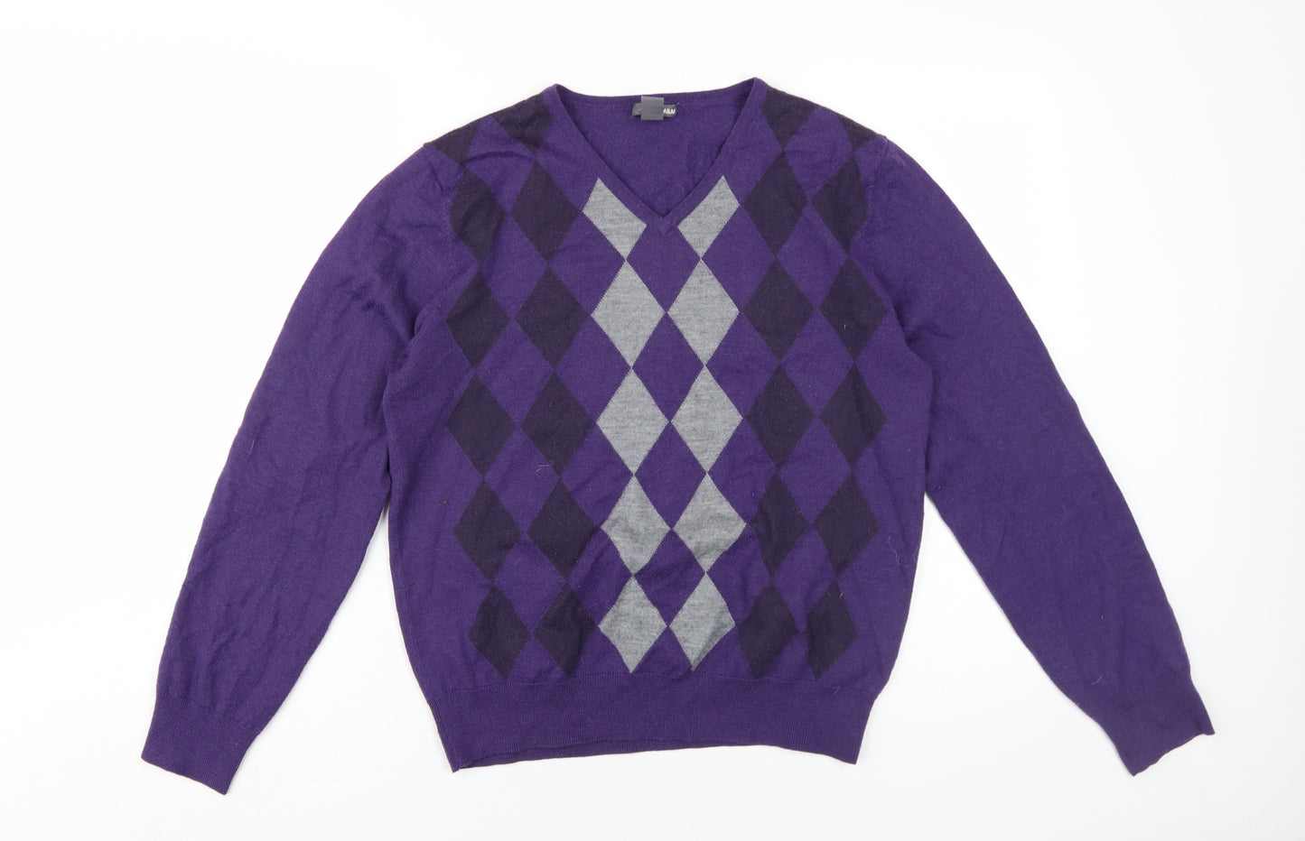 H&M Men's Purple Argyle V-Neck Pullover Jumper