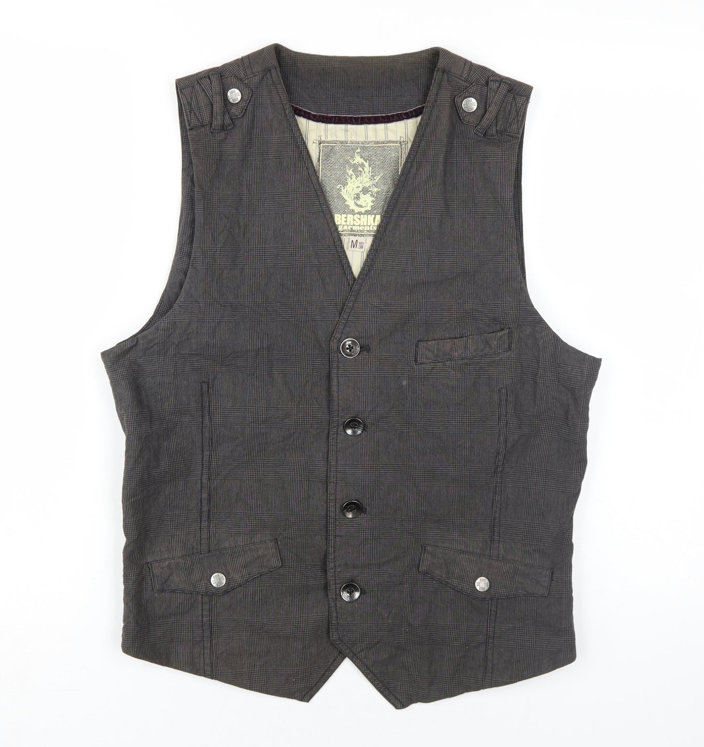 Bershka Men's Grey Checked Waistcoat M