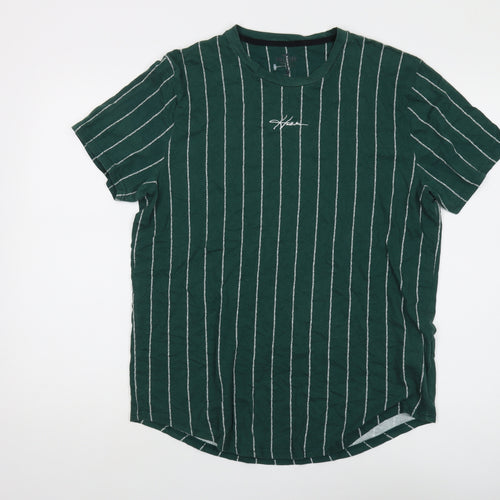 Hollister Men's Green Striped T-Shirt, L, Crew Neck