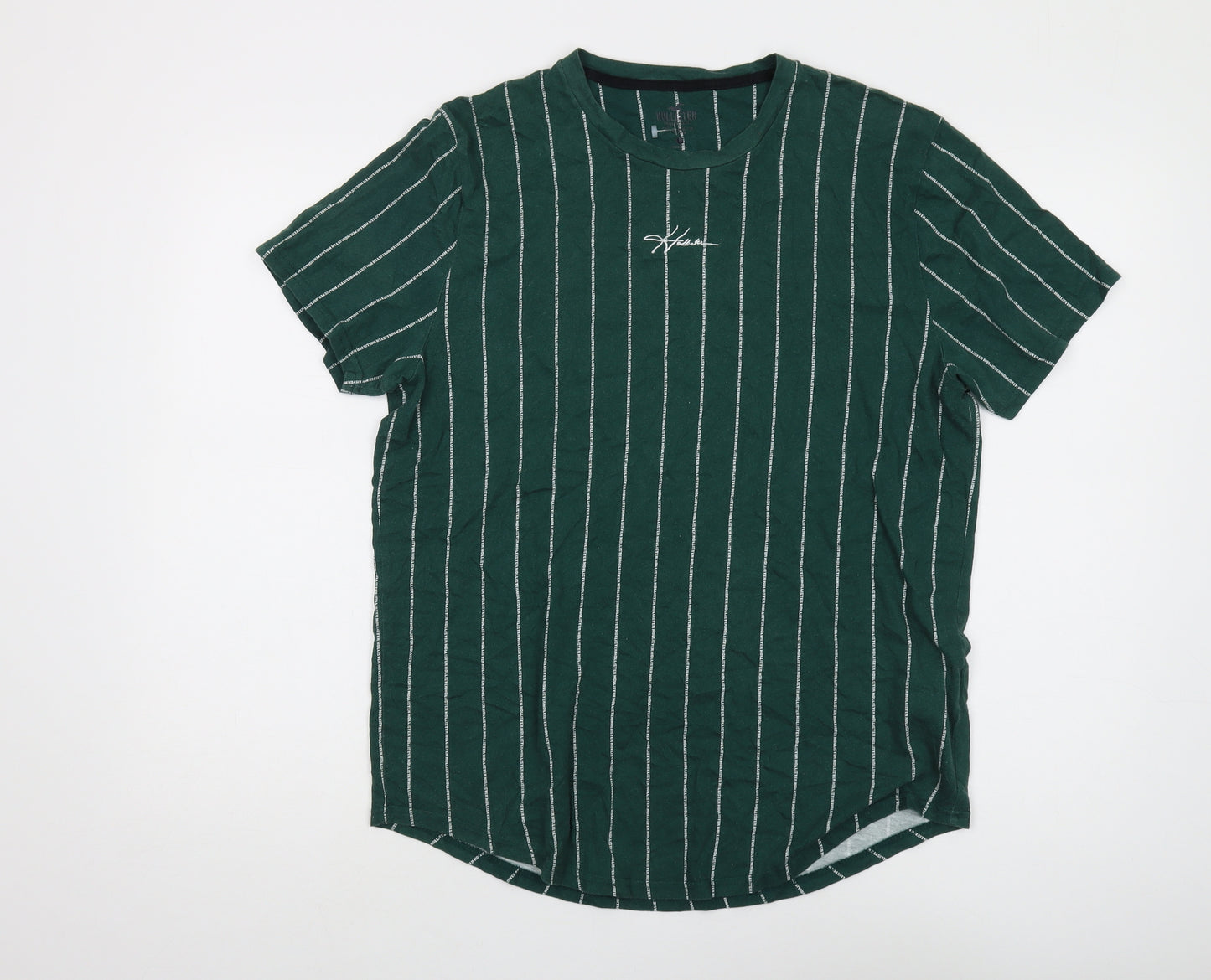 Hollister Men's Green Striped T-Shirt, L, Crew Neck