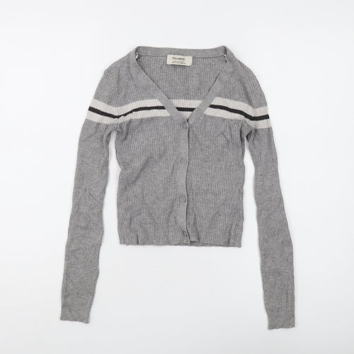 Pull & Bear Women's Grey Cardigan Medium V-Neck Long Sleeve