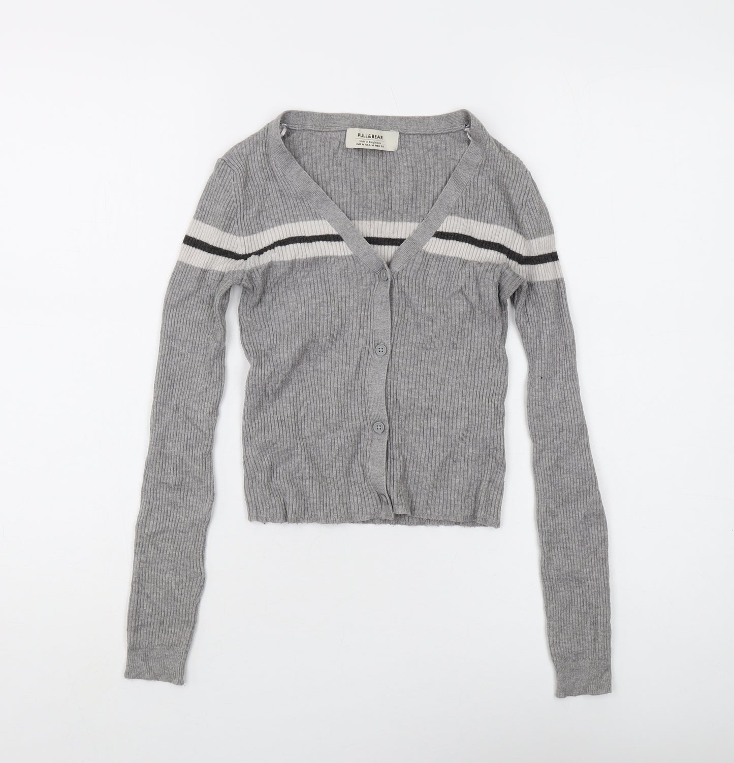 Pull & Bear Women's Grey Cardigan Medium V-Neck Long Sleeve