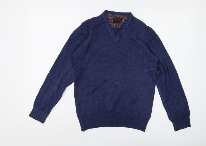 Sand Unisex Blue V-Neck Wool Pullover Jumper - L