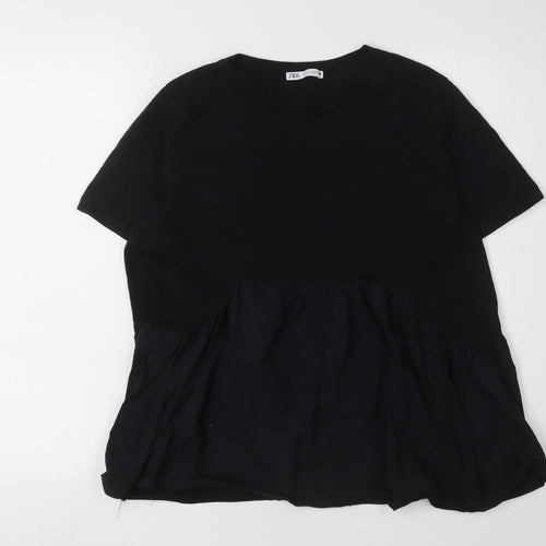 Zara Black Cotton Women's T-Shirt, Size L, Crew Neck