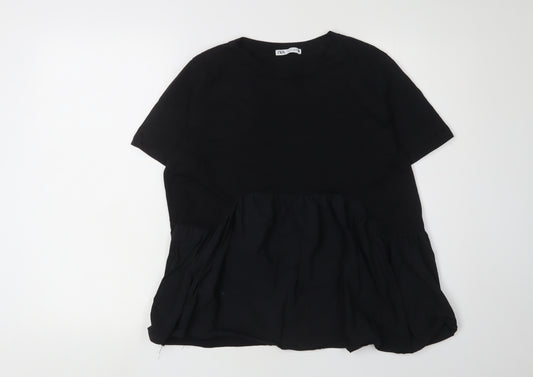 Zara Black Cotton Women's T-Shirt, Size L, Crew Neck