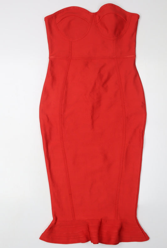 PrettyLittleThing Red Strapless Midi Bodycon Dress