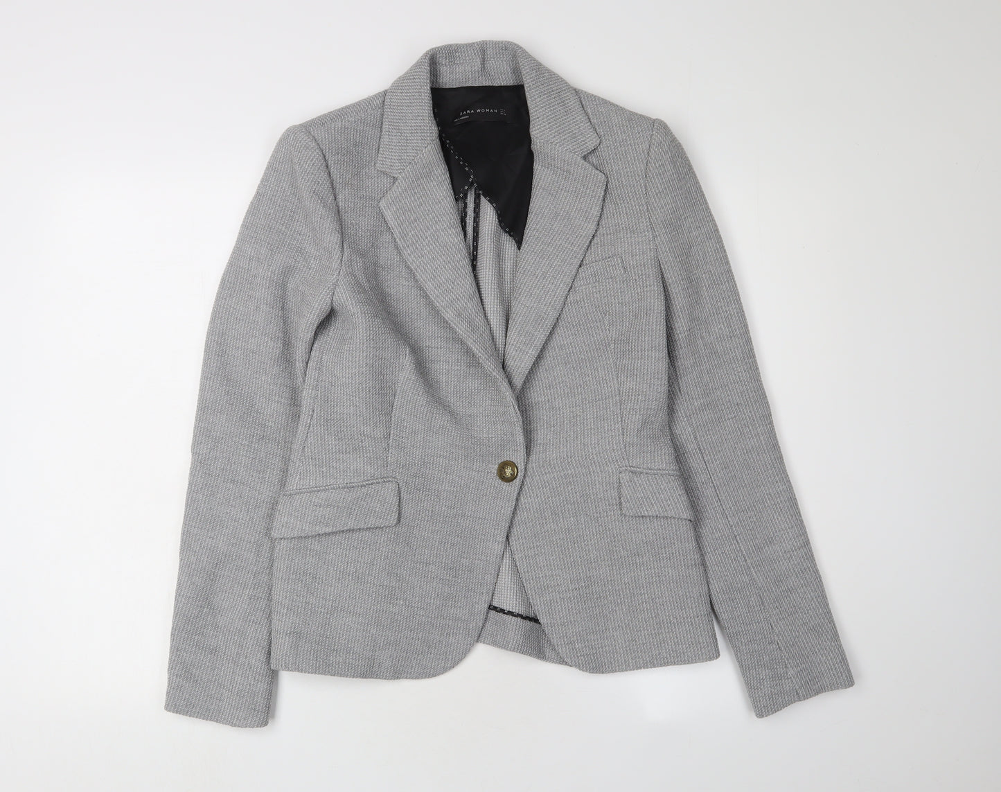 Zara Women Grey Blazer Regular Fit M Herringbone