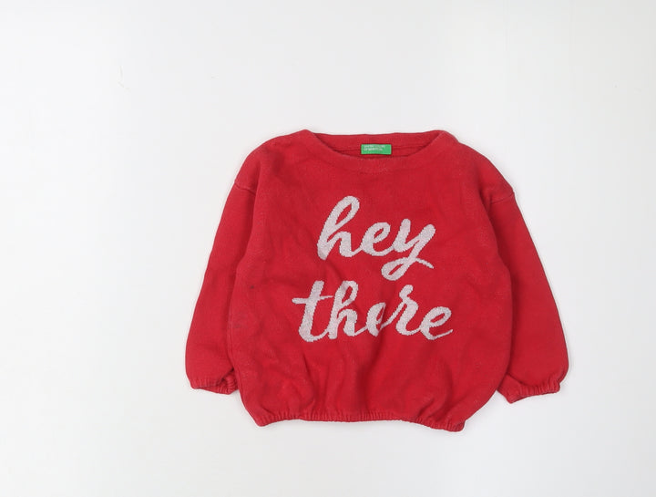 Benetton Girls Red Knit Pullover Jumper 1-2 Years Casual Wear