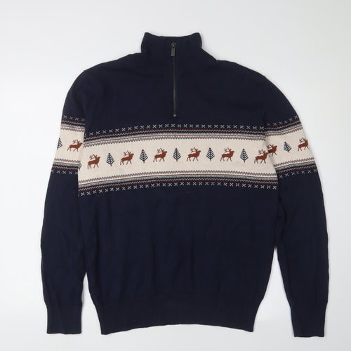 Next Men's Blue Christmas Fair Isle 1/2 Zip Jumper L