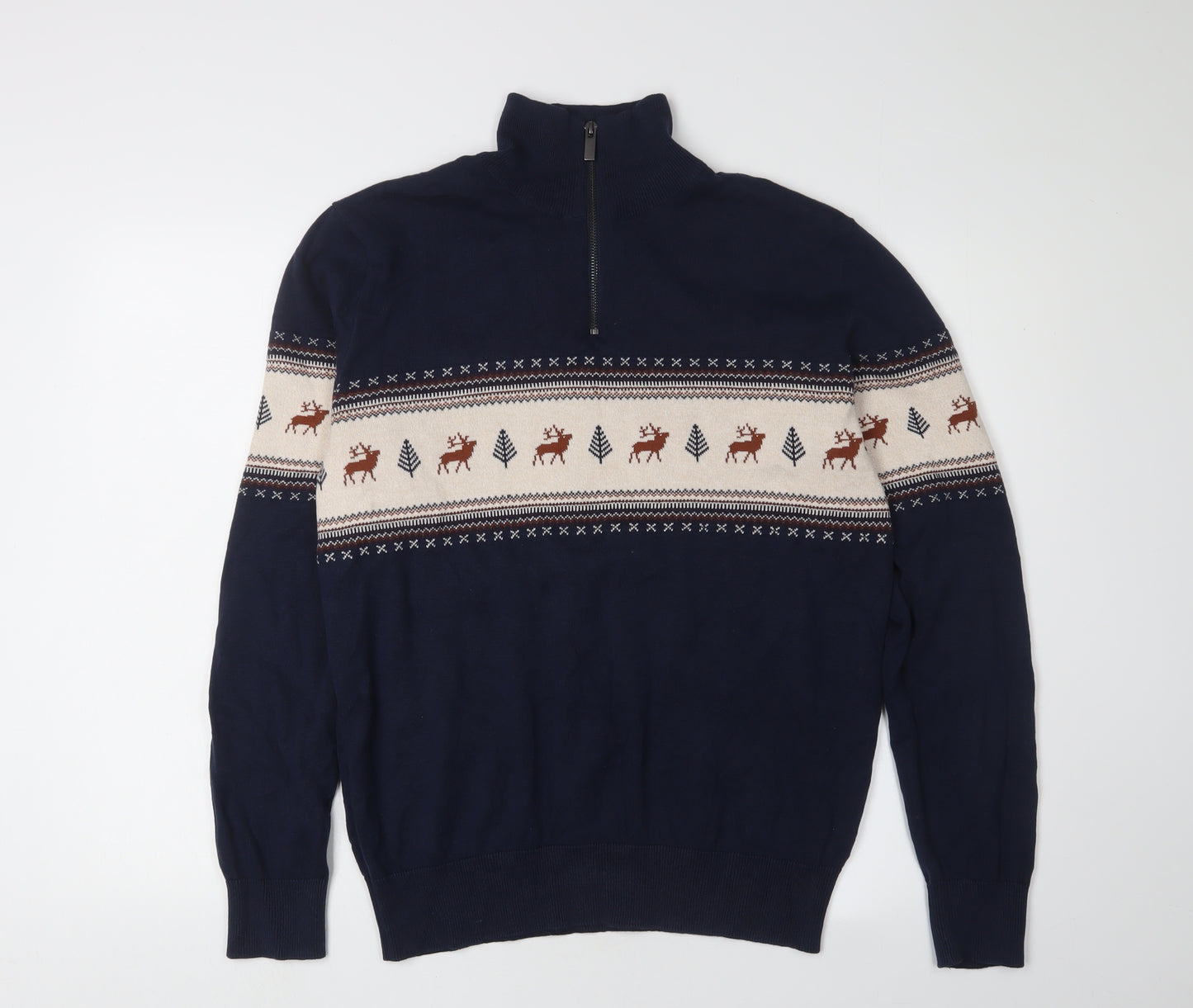 Next Men's Blue Christmas Fair Isle 1/2 Zip Jumper L