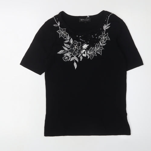 SKY Women's Black Embroidered XS Basic T-Shirt