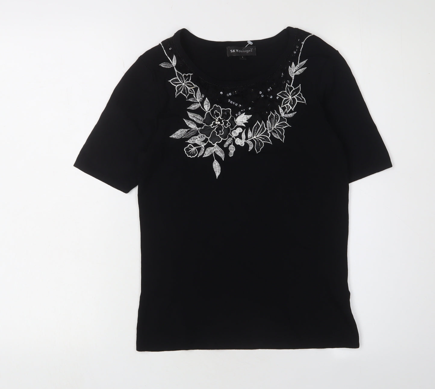 SKY Women's Black Embroidered XS Basic T-Shirt