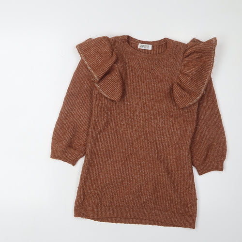 H&M Girls Brown Knit Dress with Puff Sleeves