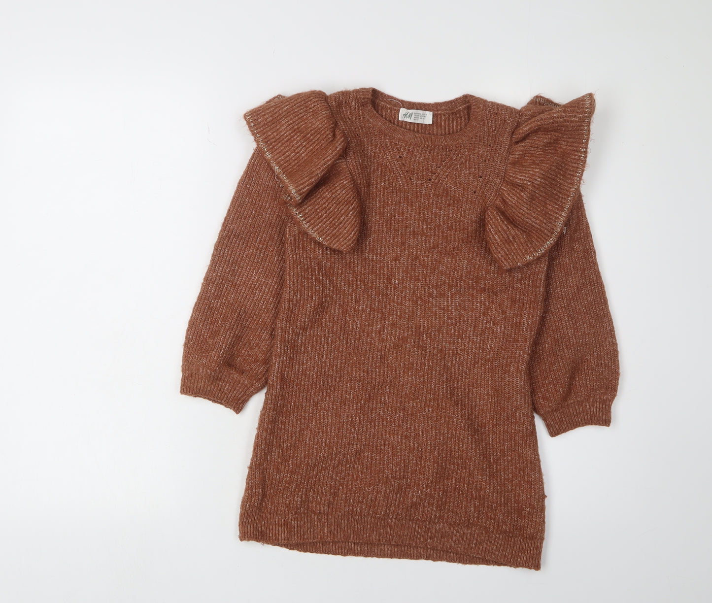 H&M Girls Brown Knit Dress with Puff Sleeves