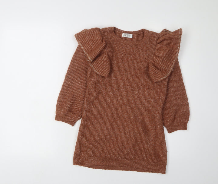 H&M Girls Brown Knit Dress with Puff Sleeves