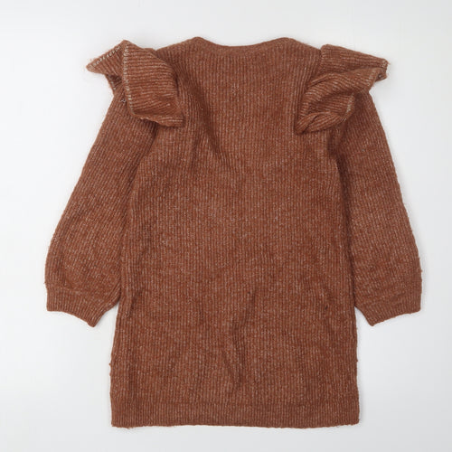 H&M Girls Brown Knit Dress with Puff Sleeves