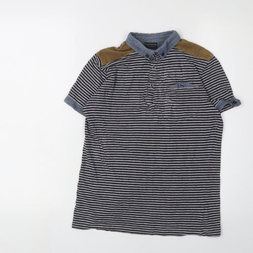 Next Boys Striped Polo Shirt Blue Button-Down Collar 12Y