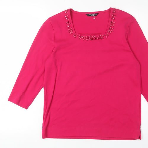 TIGI Women's Pink Beaded 3/4 Sleeve T-Shirt