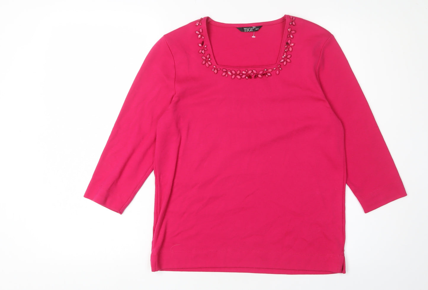 TIGI Women's Pink Beaded 3/4 Sleeve T-Shirt