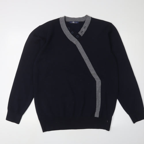JK Men's Black 4XL Henley Jumper with Button Accents