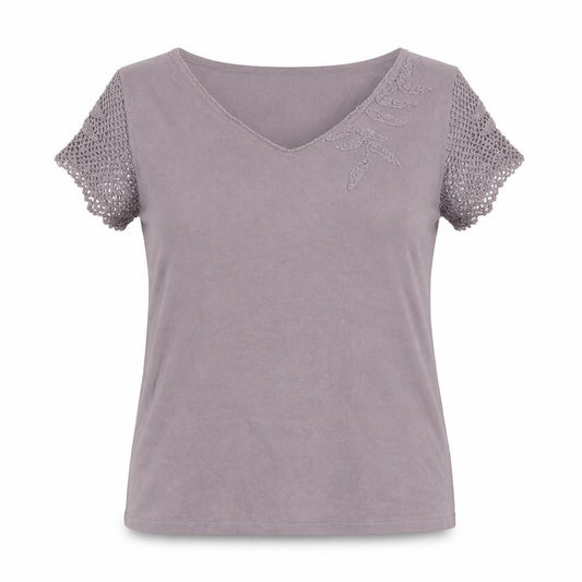Front view of Principles Women's Grey V-Neck Crochet Blouse, size 16