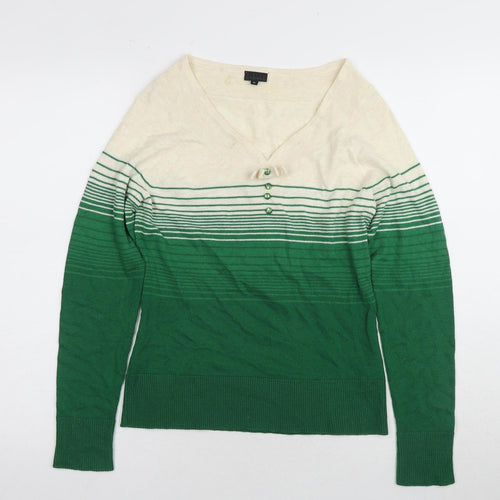 HIJKLM Women's V-Neck Green Striped Pullover Jumper, Size M