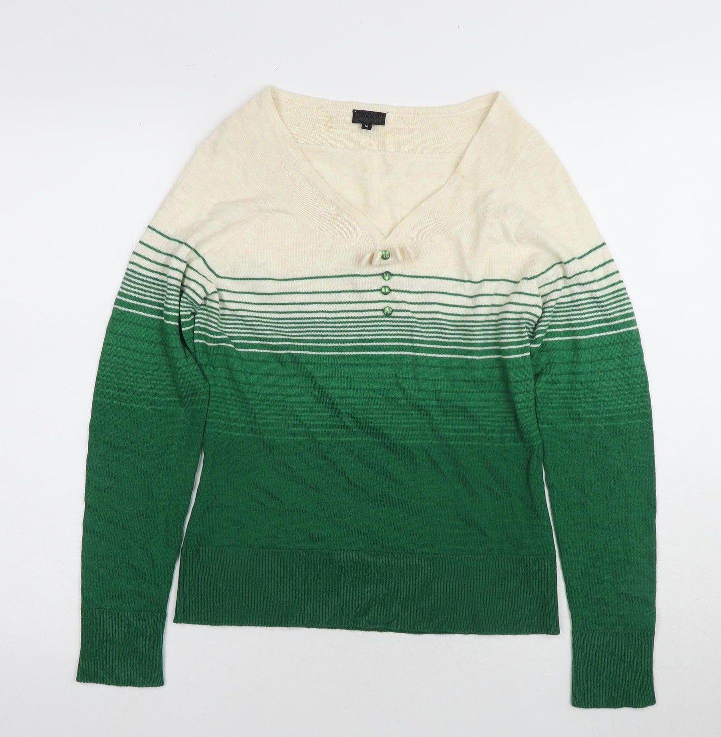 HIJKLM Women's V-Neck Green Striped Pullover Jumper, Size M