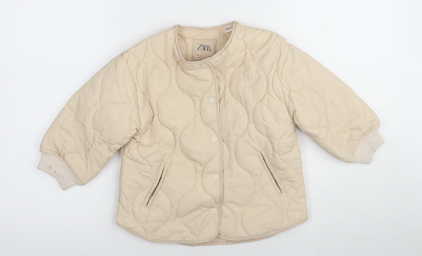 Zara Girls Beige Quilted Jacket 4-5 Years with Snap Closure