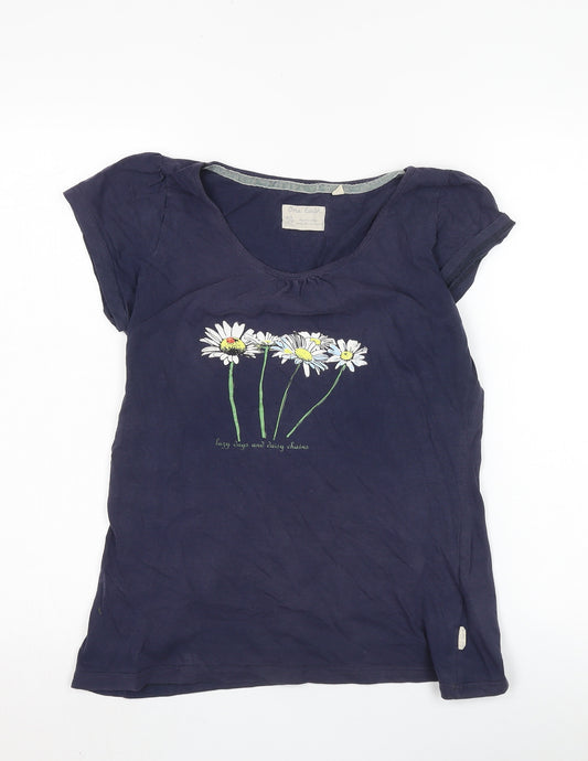 One Earth Women's Blue Basic T-Shirt, M, Floral Accents