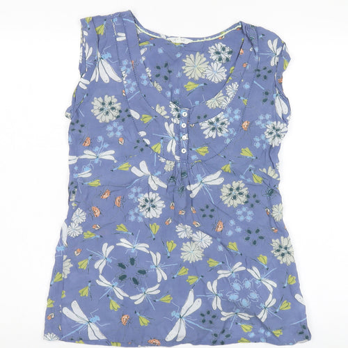 White Stuff Women's Blue Floral Blouse, Size 8, Scoop Neck