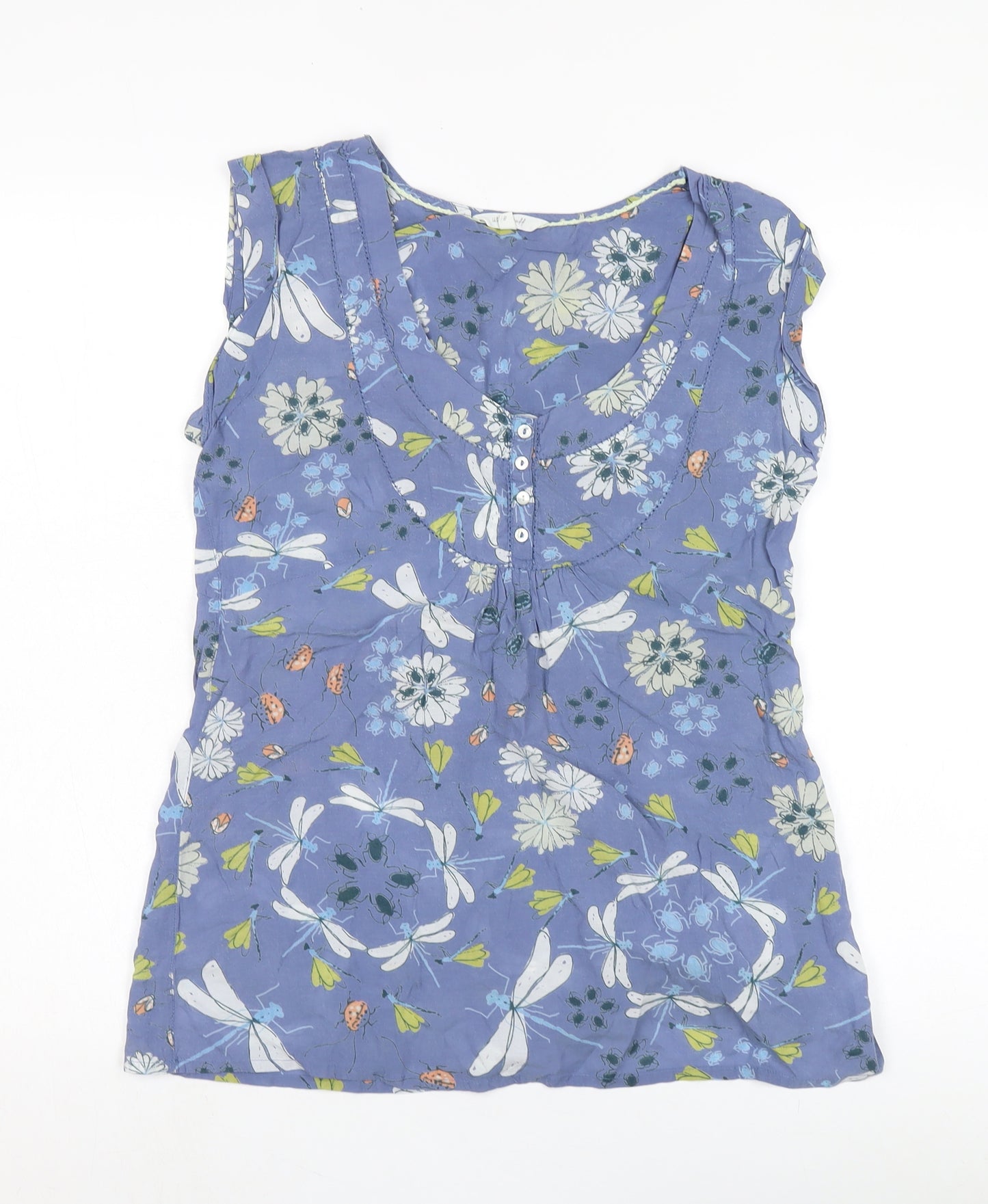 White Stuff Women's Blue Floral Blouse, Size 8, Scoop Neck