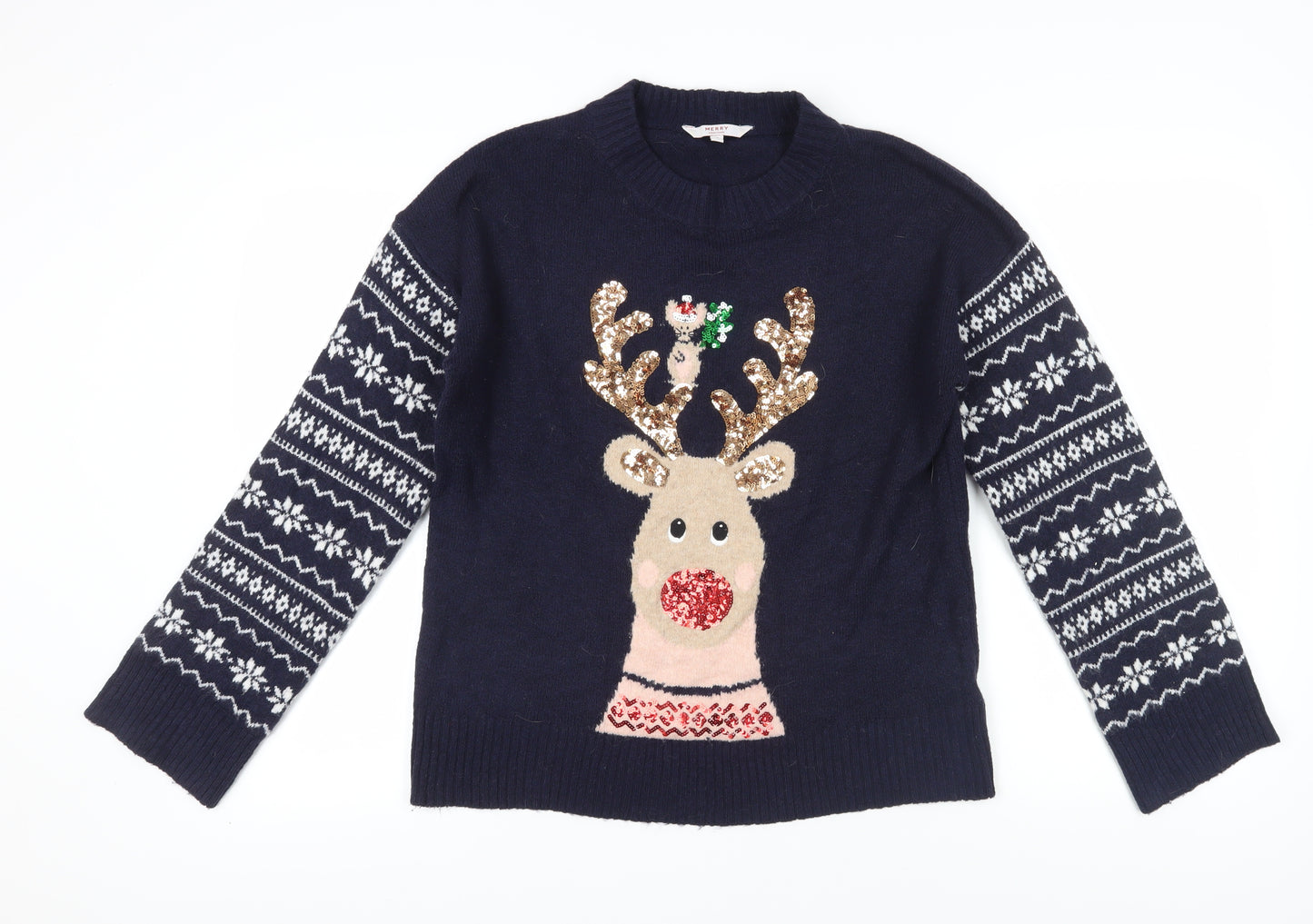 Next Women's Blue Christmas Jumper S Sequin Graphic Print