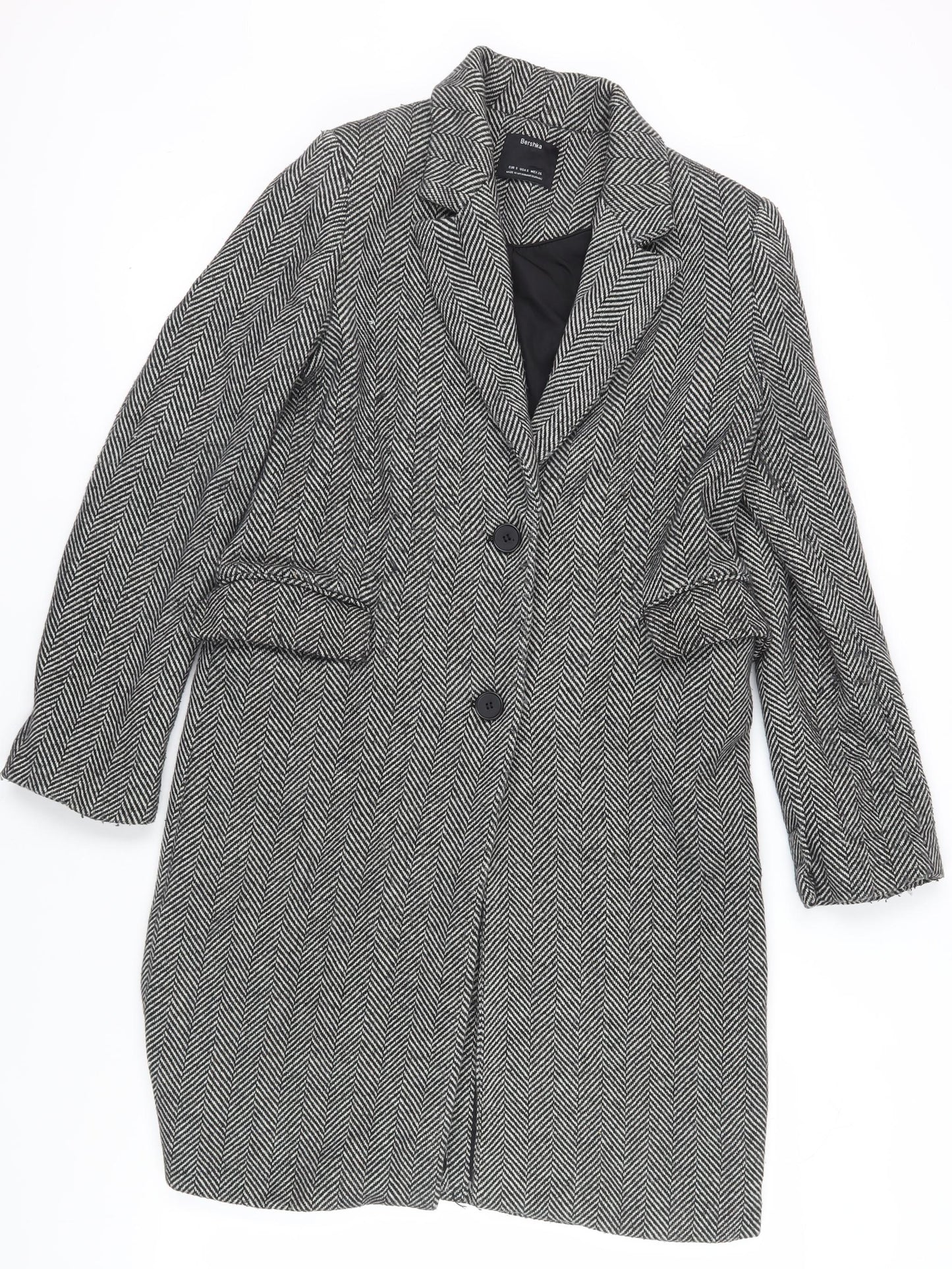 Bershka Women's Grey Herringbone Mid-Length Overcoat