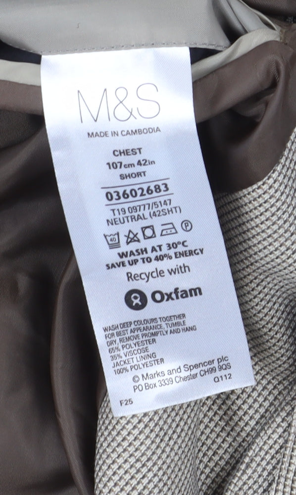 Marks and Spencer Men's Beige Check Blazer, Size 42S